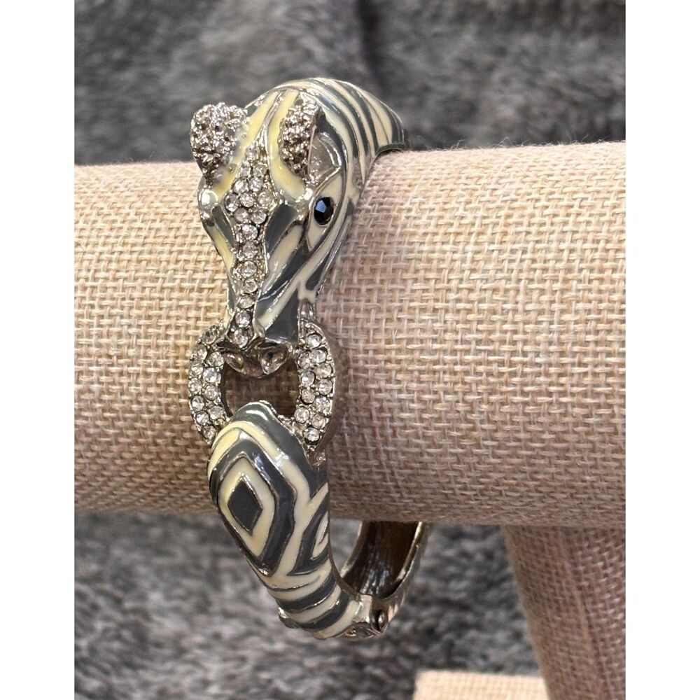 Zebra Enamel Rhinestone Bangle Clamper Bracelet Cream & Black